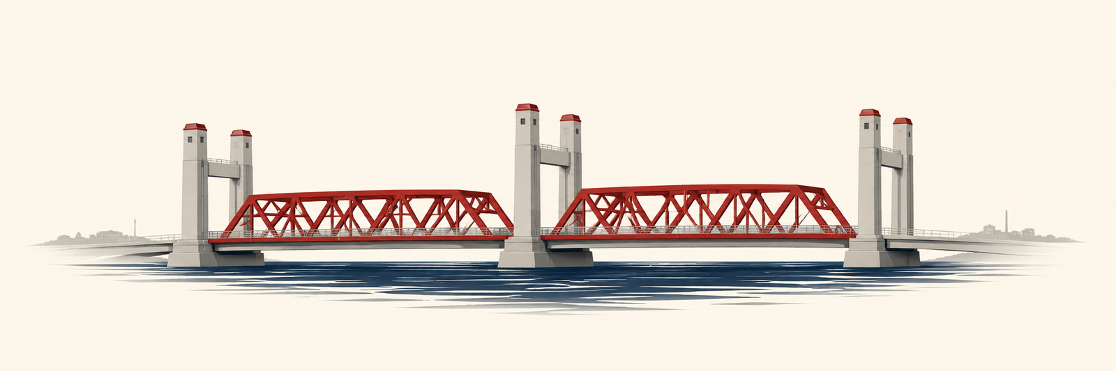 De Spijkenisserbrug, met twee rode hefdekken naast elkaar boven het water